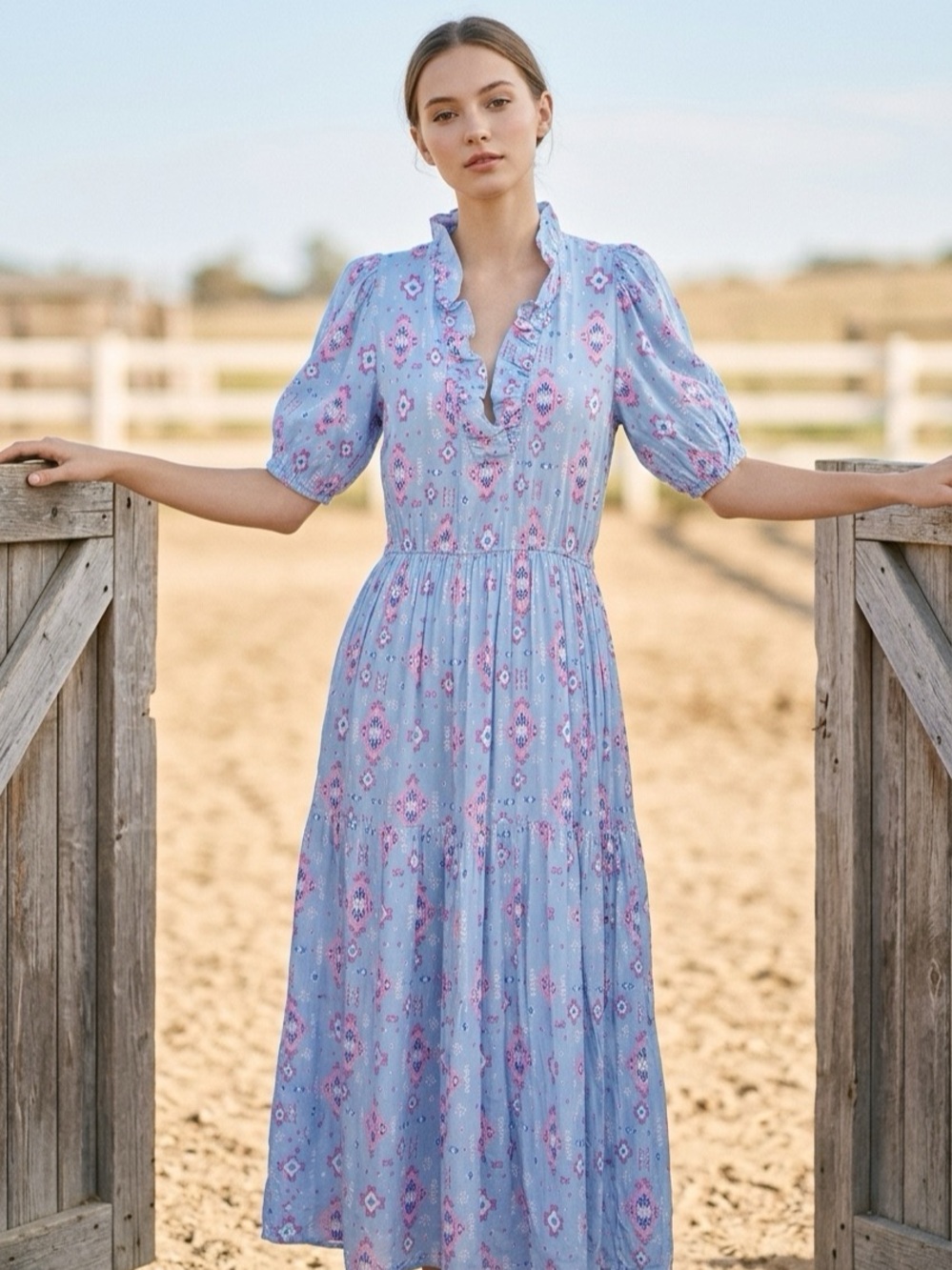 Simply Southern Women’s Large Light Blue Western Boho Tiered Midi Dress NWOT